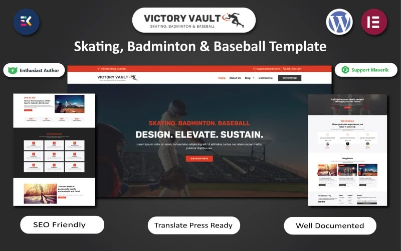 Victory Vault - Skating, Badminton & Baseball WordPress Elemnetor Template